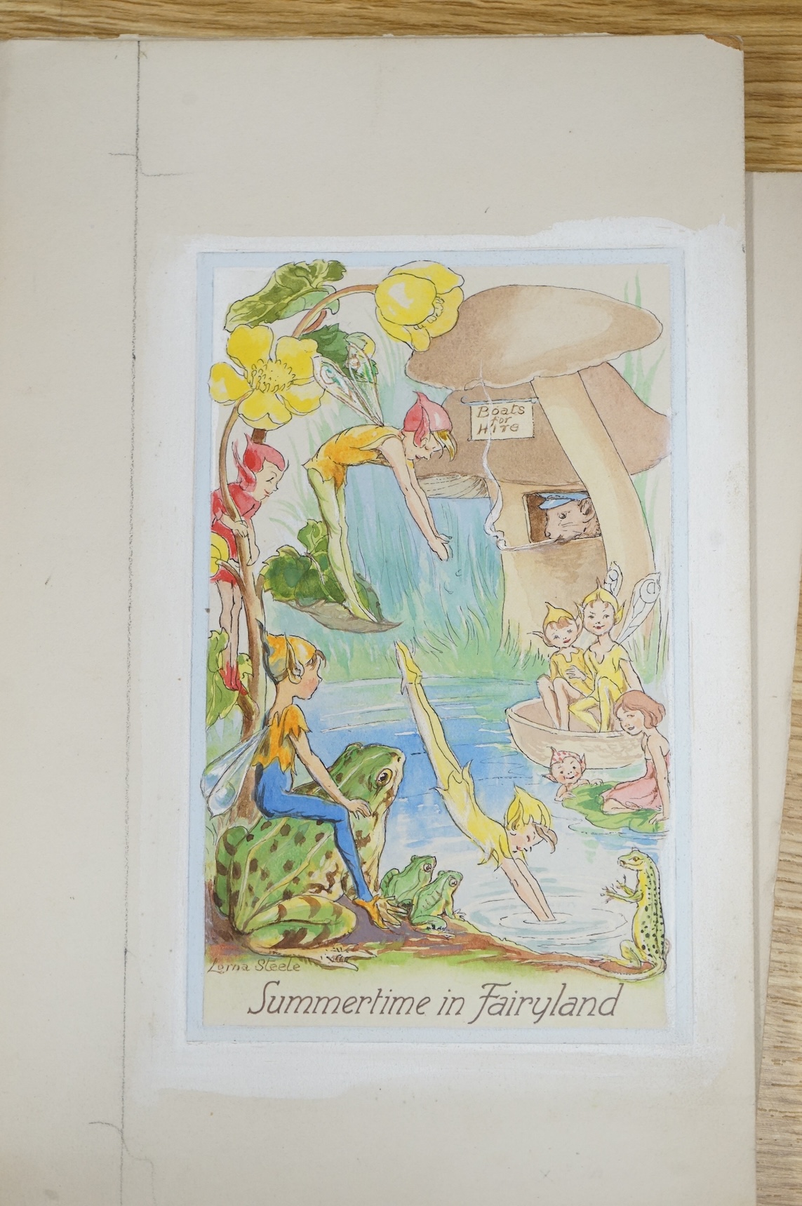 Lorna Steele (1902-1990), a set of six original watercolours for children's postcard artworks, Fun in Fairyland, each signed and inscribed, unframed, largest 27 x 16cm